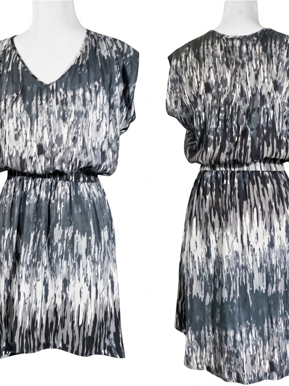 Express Gray and White V-Neck Elastic-Waist Printed Dress